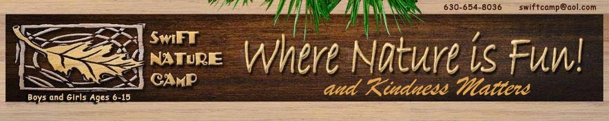 Swift Nature Camp – Where Nature is Fun! and Kindness Matters. Boys and girls ages 6–15. Phone 630-654-8036, swiftcamp@aol.com